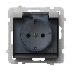 Priză rezistentă la stropire împământare schuko IP-44 cu obturatoare de circuit de curent capac transparent argintiu mat Ospel Sonata GPH-1RSP/m/38/d