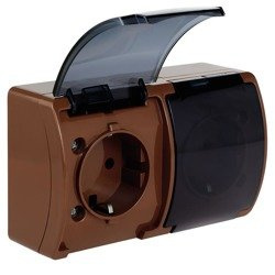 Priză etanșă dublă cu împământare (Schuko 2×2P+Z) cu capac fumuriu, maro, IP44 KOALA 182-52 ViPlast