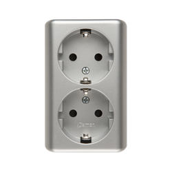 Simon 54 Premium Priză argintie dublă Schuko, montată la suprafață, cu protecție contacte terminale cu șurub, EGSZ2NZ/43