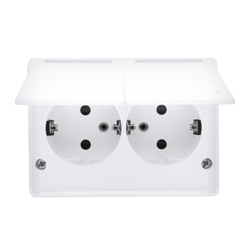 Priză dublă Schuko cu montaj la suprafață, rezistentă la umezeală IP44 cu protecție, versiune scandinavă 16A, 250V~, terminale cu șurub albă Kontakt Simon EGSZ2NZB/11