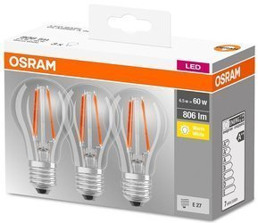 Set 3x Becuri FILAMENT E27 6,5W 2700K 806lm Osram