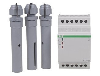 Releu de control al nivelului de lichid în două moduri, cu sonde PZ2 incluse (3 buc.), 2×1P contacte, I=2×16A, 3 module , PZ-829, F&F