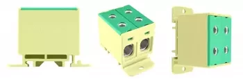 Conector cu 1 șină, 4 găuri 50MM2 ZGX 2x50 cu SPANELĂ GALBENĂ-VERDE 50MM2 ZGX 2x50