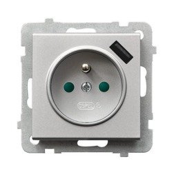 Priză unică cu împământare cu obturatoare de circuit de curent, cu încărcător USBargintiu mat Ospel Sonata GP-1RZPUSB/m/38