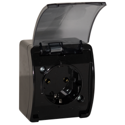 Priză simplă etanșă cu împământare Schuko, cu capac fumuriu, IP44, negru KOALA 181-55 ViPlast