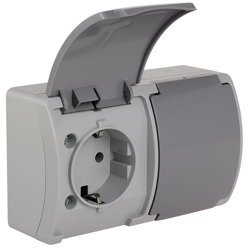 Priză etanșă dublă cu împământare (Schuko 2×2P+Z) cu capac, gri-grafit, IP44 KOALA 182-08 ViPlast