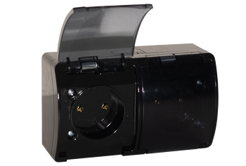 Priză dublă etanșă cu împământare Schuko, cu capac fumuriu, IP44, negru KOALA 182-55 ViPlast