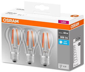 Set 3x Becuri LED Filament E27 6,5W 4000K 806lm Osram